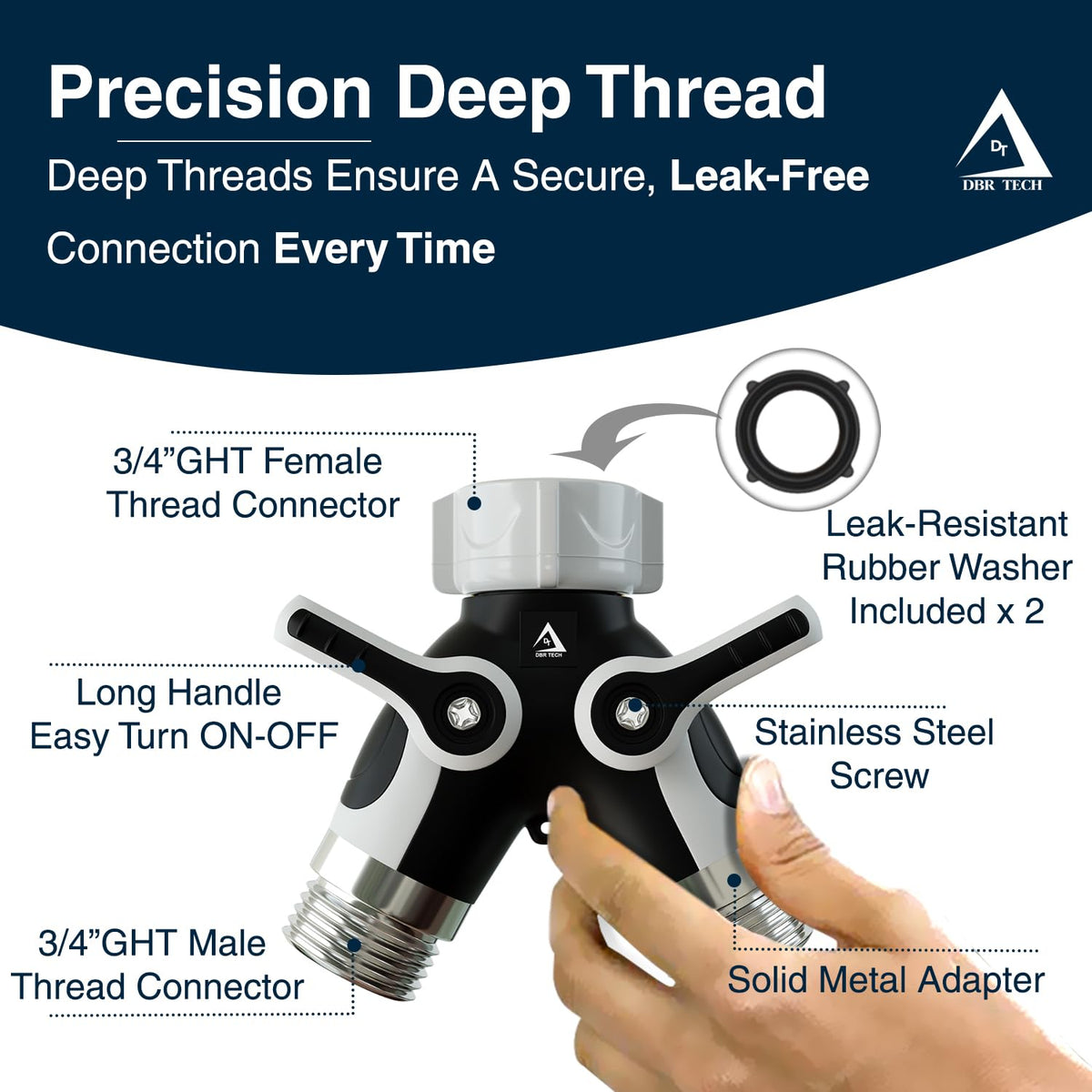 DBR Tech leak-resistant connection with rubber washers for a tight seal