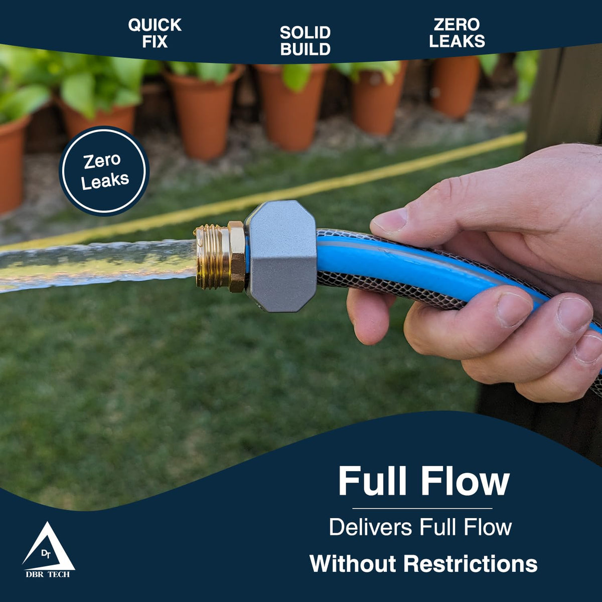 DBR Tech repair kit in use on a garden hose during watering.