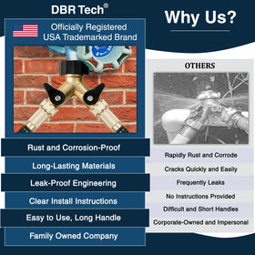 DBR Tech rust-resistant finish on outdoor faucet connector reducing corrosion risk.