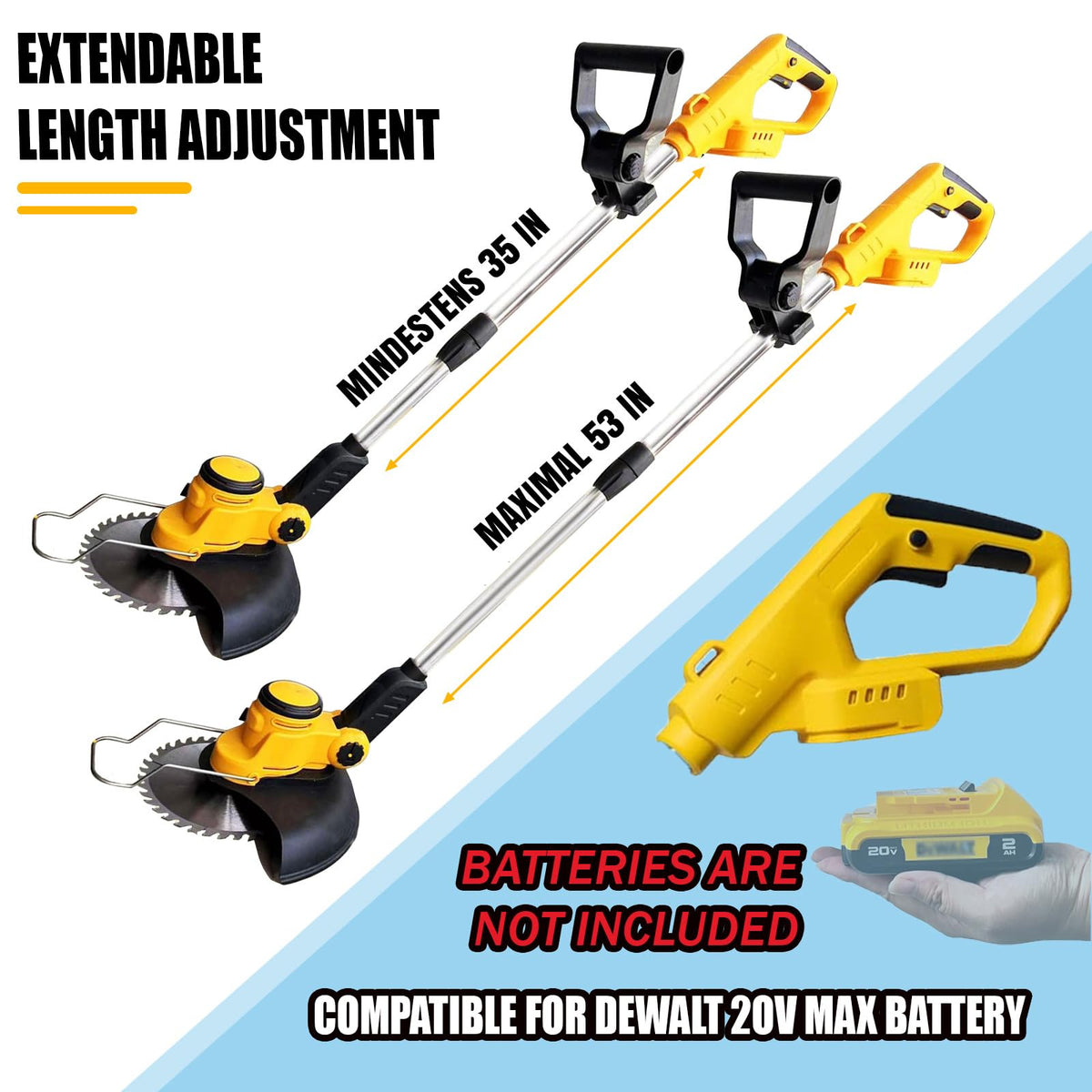 DBUOWM weed wacker shows 12 inch cutting area for quick yard cleanup