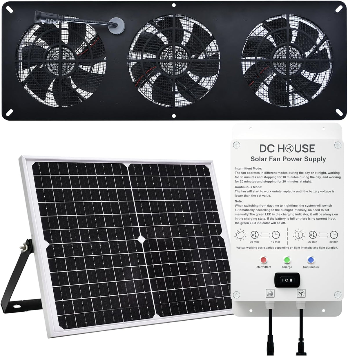 DC HOUSE 25W solar panel exhaust fan kit for off-grid cooling in sheds.
