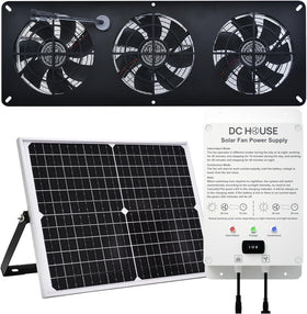 DC HOUSE 25W solar panel exhaust fan kit for off-grid cooling in sheds.