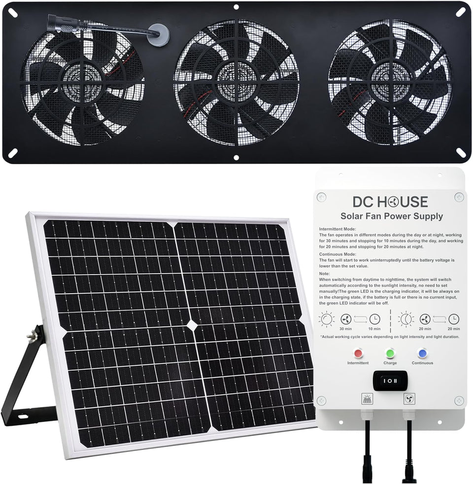 DC HOUSE 25W solar panel exhaust fan kit for off-grid cooling in sheds.
