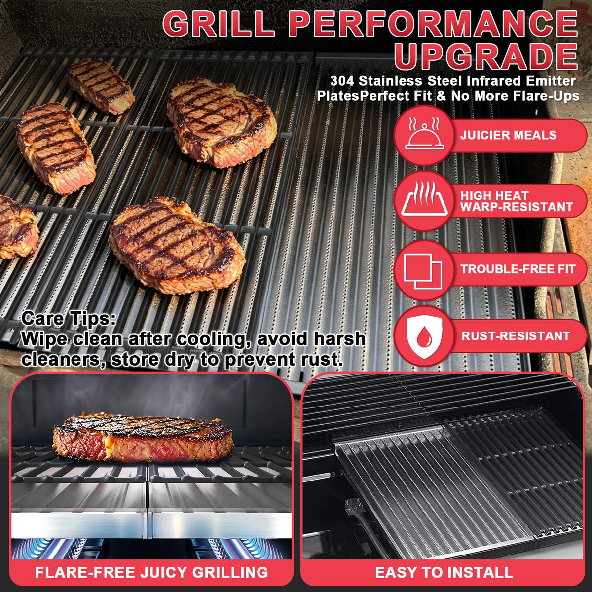DcYourHome 304 stainless steel emitters stand up to high heat for dependable grilling.