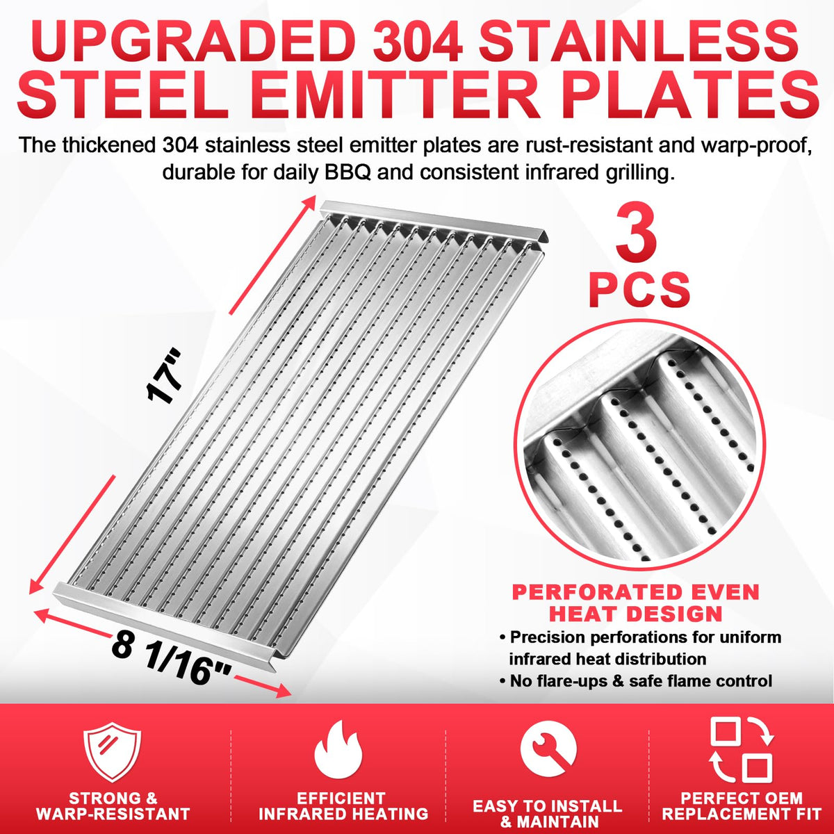 DcYourHome 3-pack emitter plates for Char-Broil grills with balanced heat distribution.