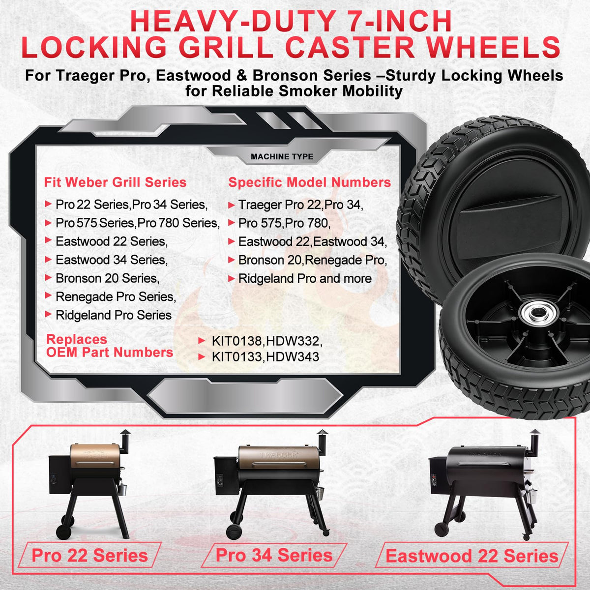DcYourHome 7in heavy-duty Traeger wheels handle rugged outdoor surfaces.