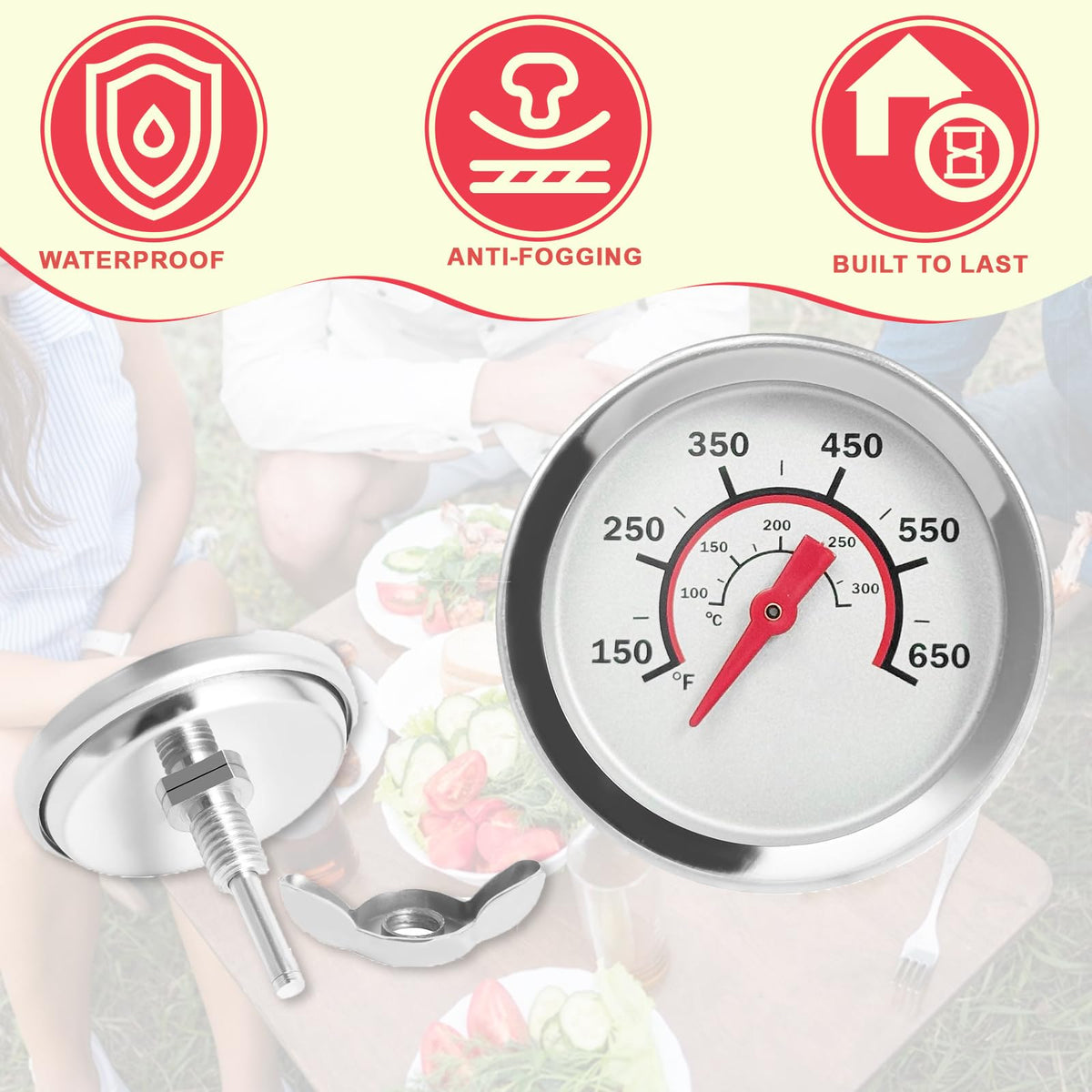 DcYourHome anti-fog lid thermometer stays readable during long cooks outdoors