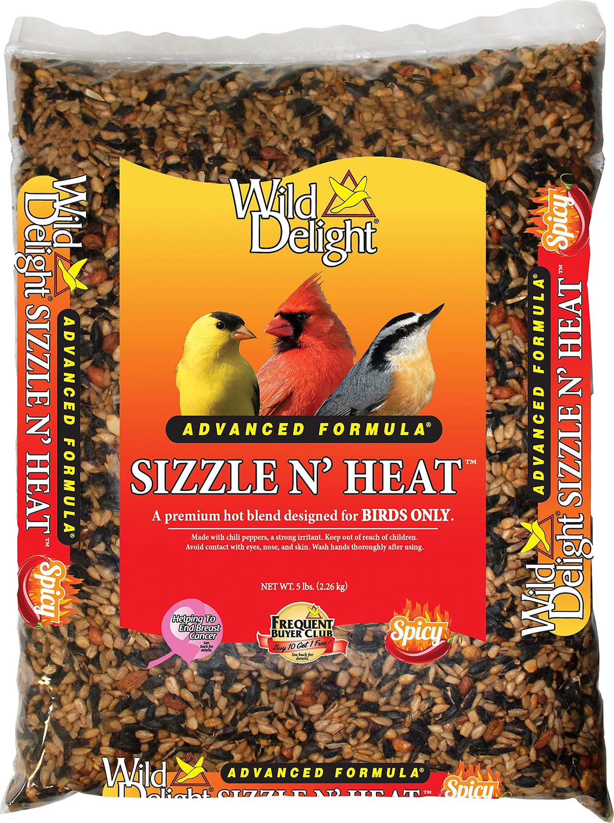 D&D Commodities LTD Sizzle N' Heat bird food in 5lb barrier bag deters squirrels and nourishes birds.