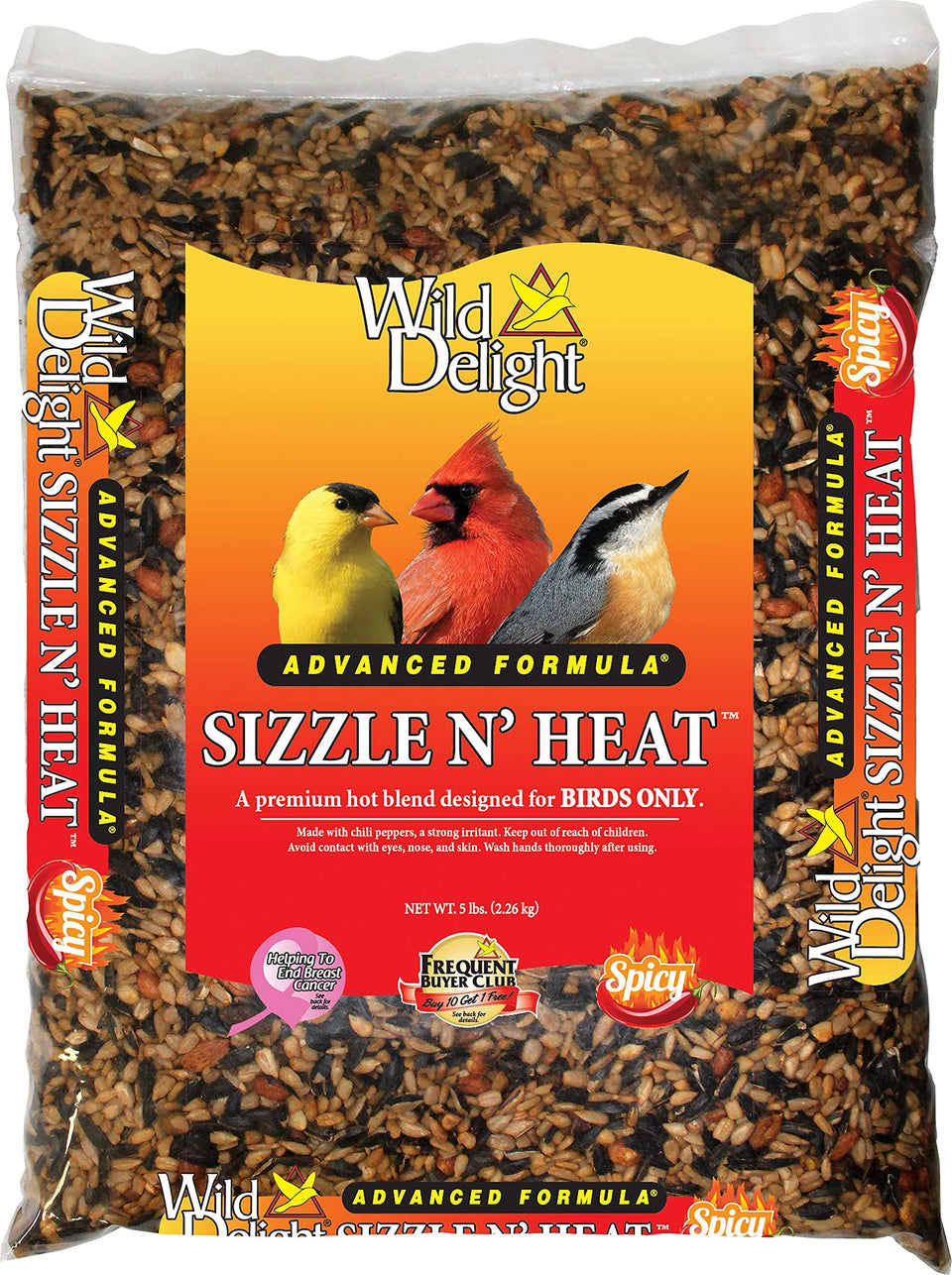 D&D Commodities LTD Sizzle N' Heat bird food in 5lb barrier bag deters squirrels and nourishes birds.