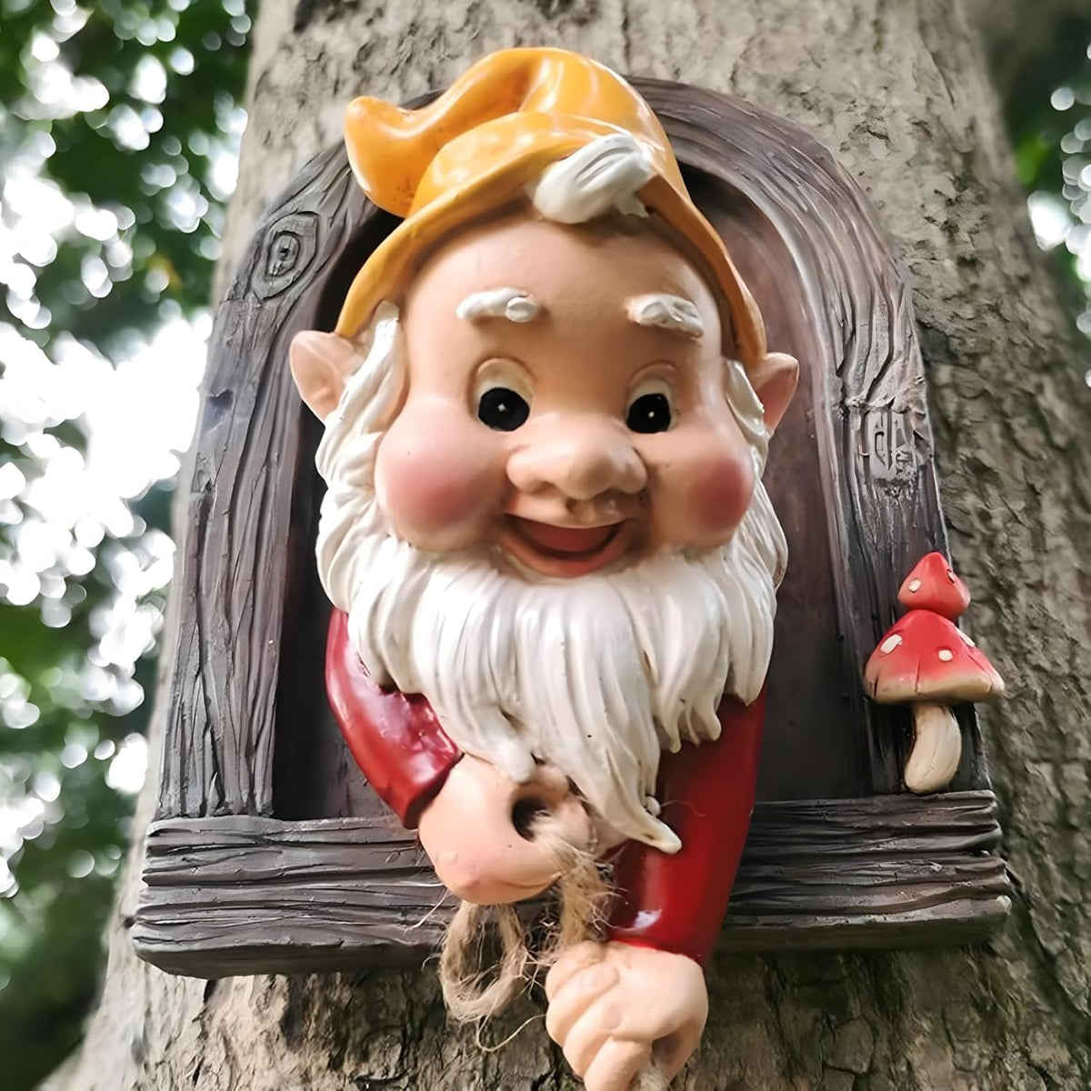 DDLuzQual tree hugger gnome statue enhances garden playfulness.