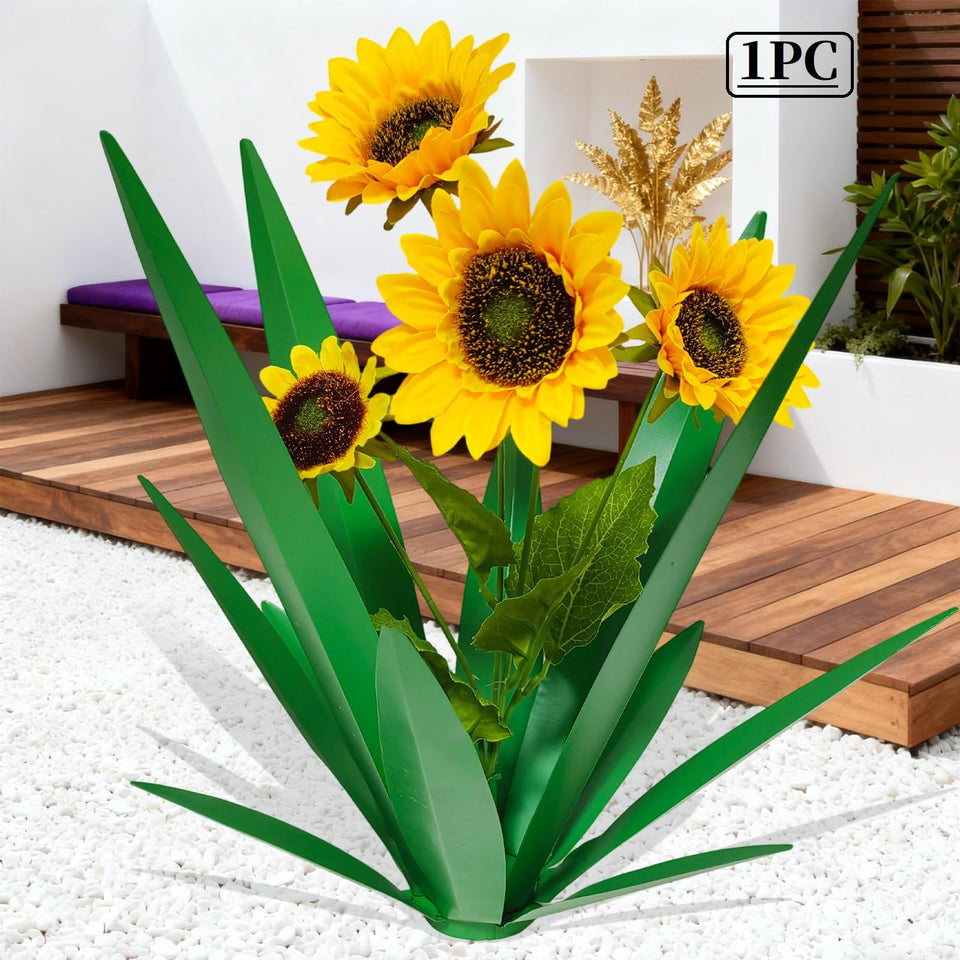 DDQ metal agave plant with green agave and blooms enhances outdoor patio decor.