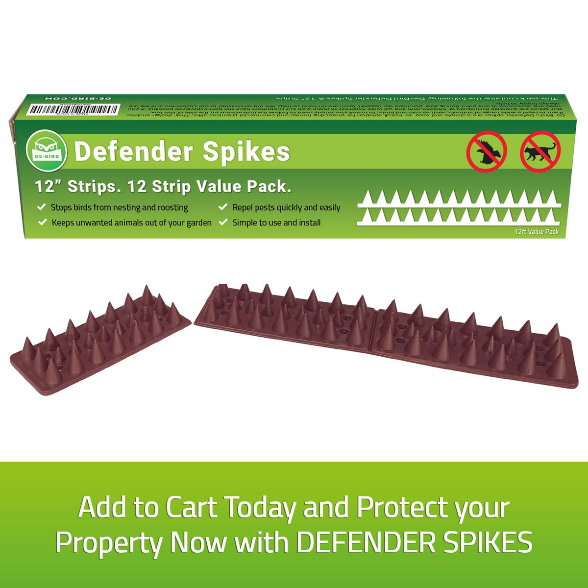 De-Bird 12-piece spikes blend with outdoor décor while remaining discreet.
