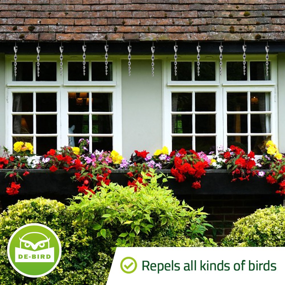 De-Bird scare rod's reflective surface deters birds on patios.