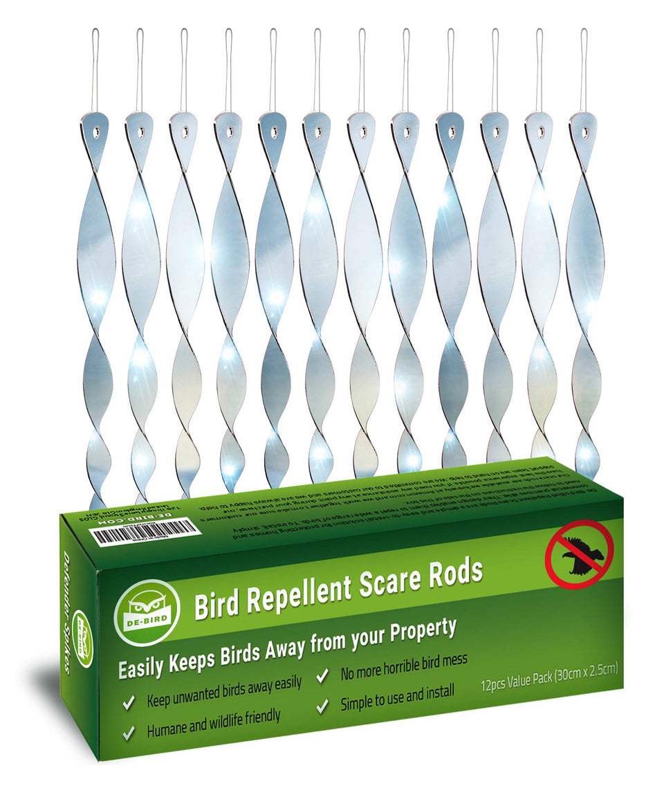 De-Bird acrylic scare rod with sun glare deters birds from gardens.