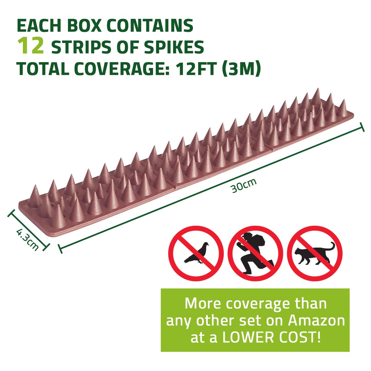 De-Bird Bird Spikes provide 12 feet of deterrence coverage for outdoor spaces.