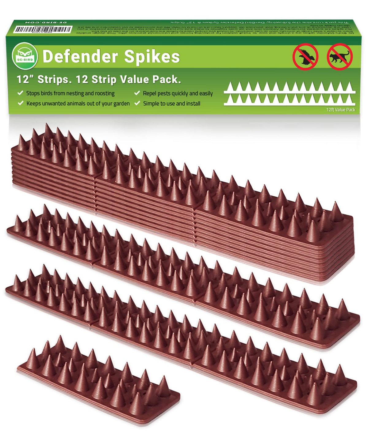De-Bird Bird Spikes 12-piece package deters birds along fences and ledges.