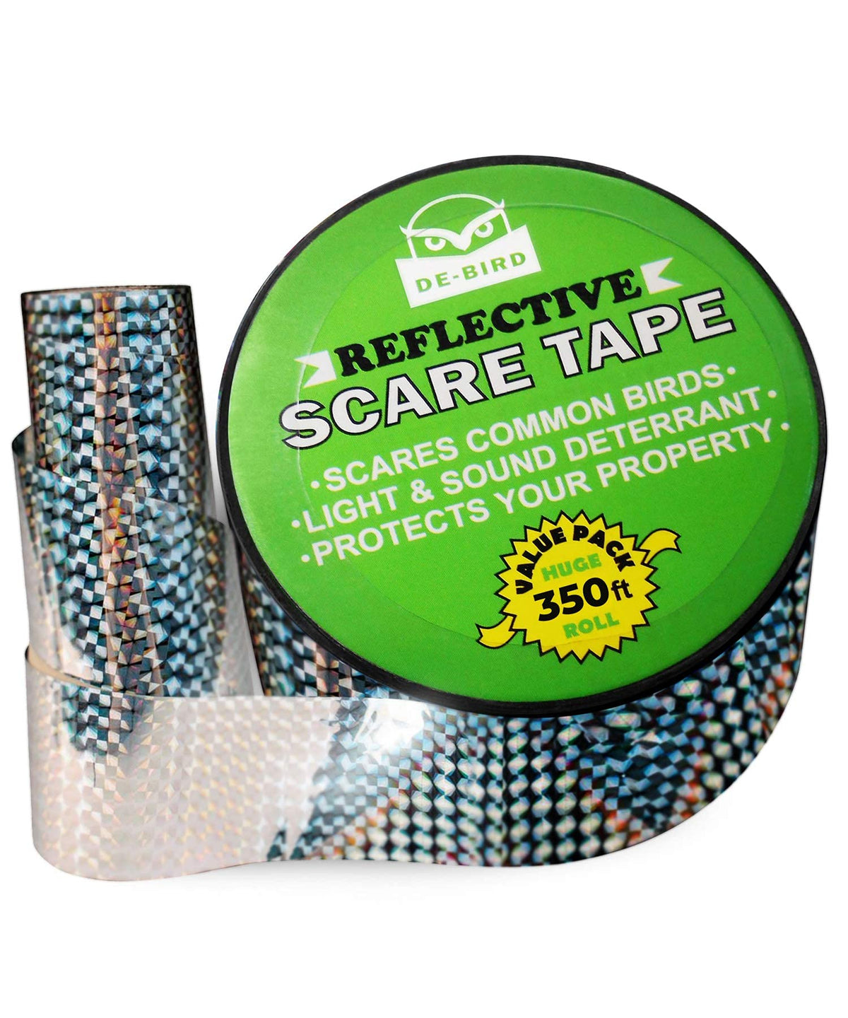 De-Bird dual-sided reflective tape with holographic shine deters birds at a distance