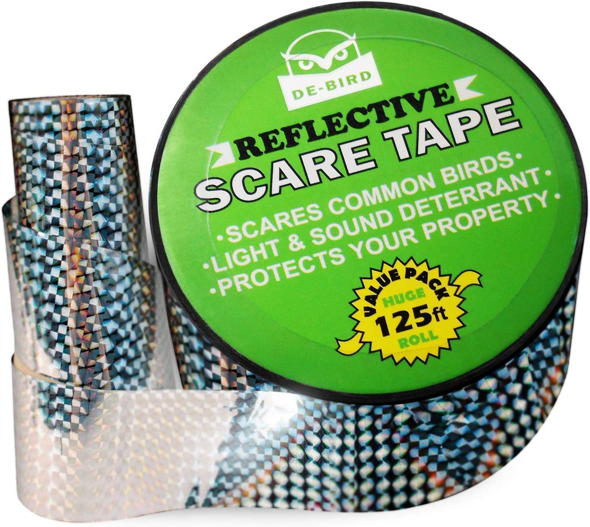 De-Bird scare tape on balcony reflects light to deter birds from balcony spaces.