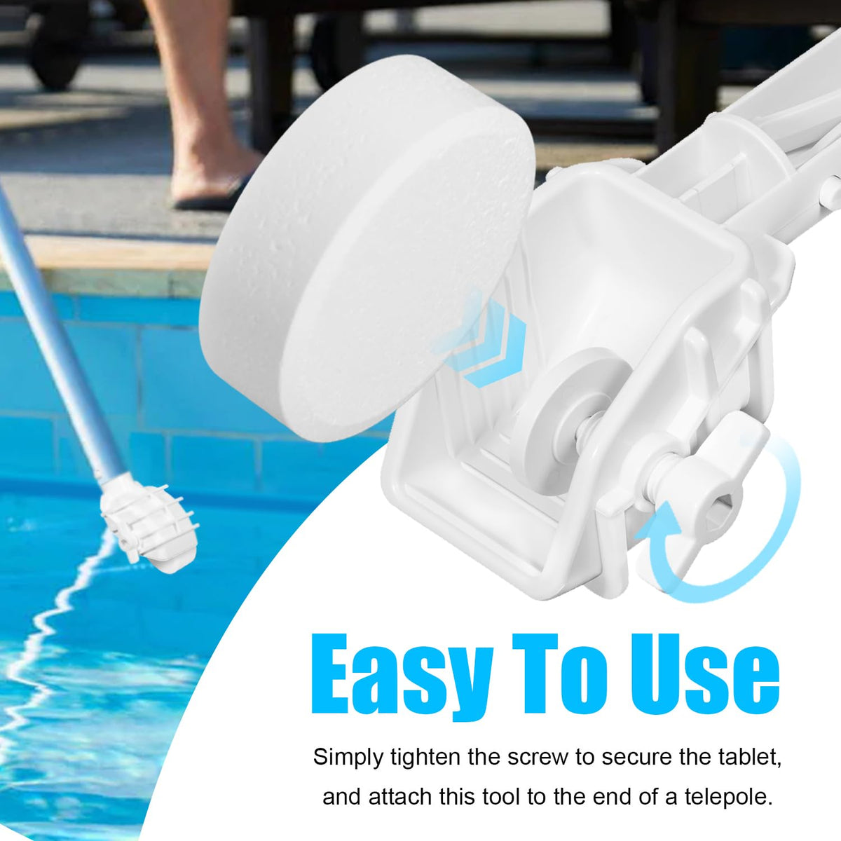 Secure fit for a 3-inch chlorine tablet on a telepole for reach.