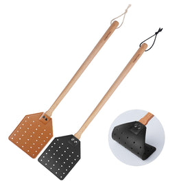 DEBETOOL sturdy leather fly swatter with long indoor-ready handle for quick pest control.