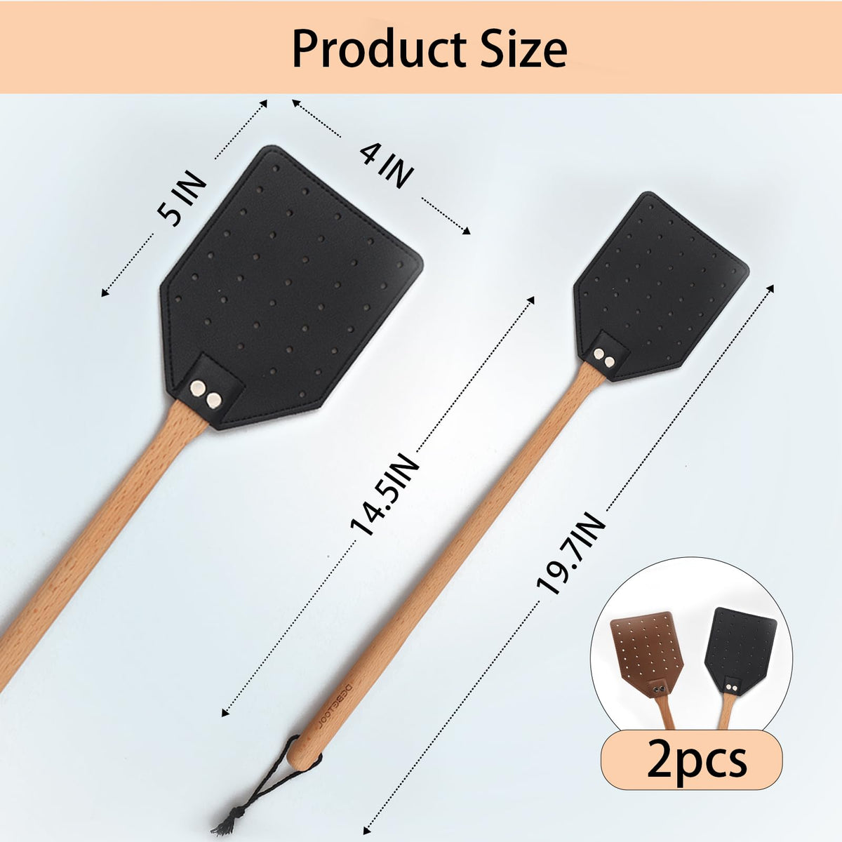 Two-pack DEBETOOL leather fly swatters for versatile indoor and outdoor use.