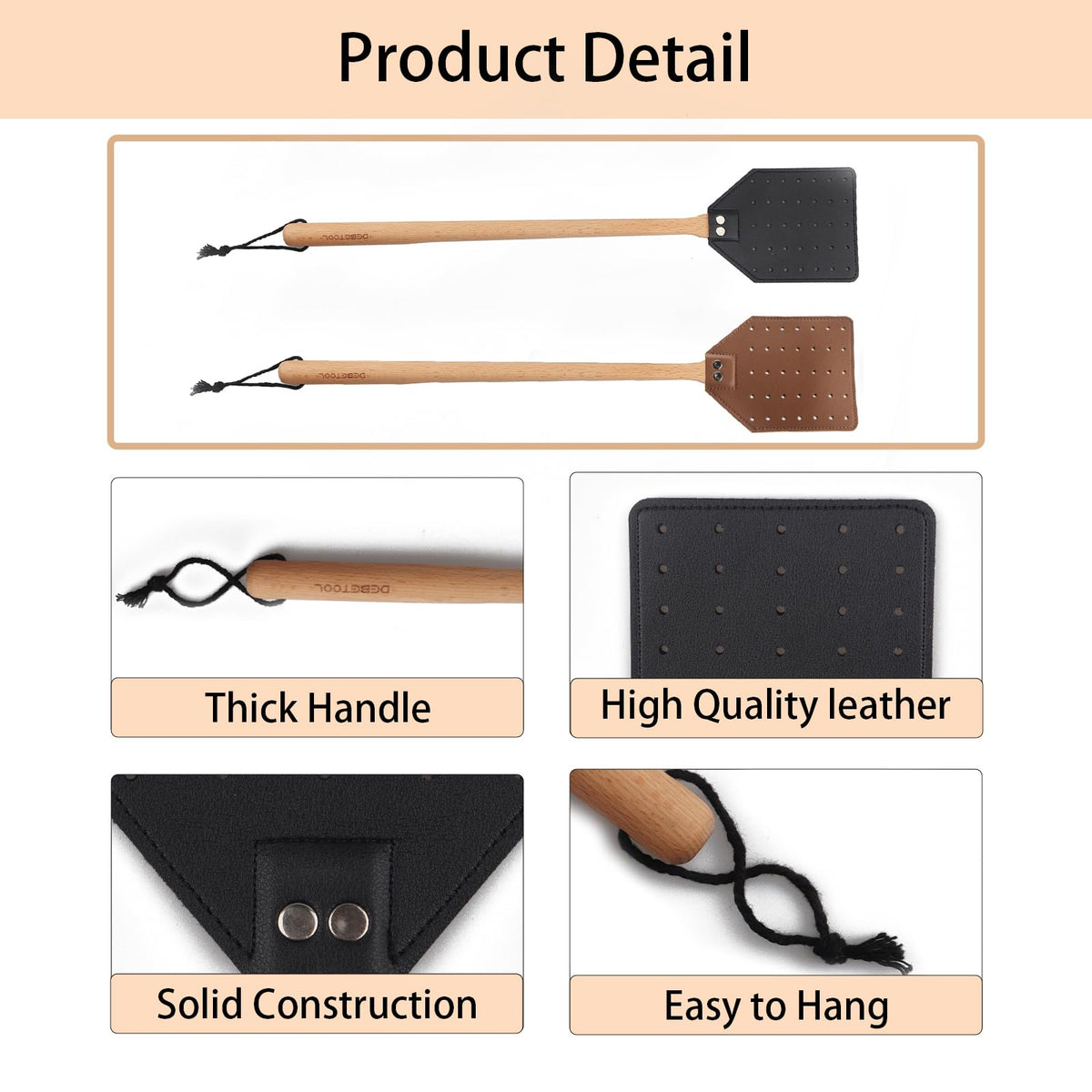 DEBETOOL wooden round-handle close-up highlights durable riveted leather design.