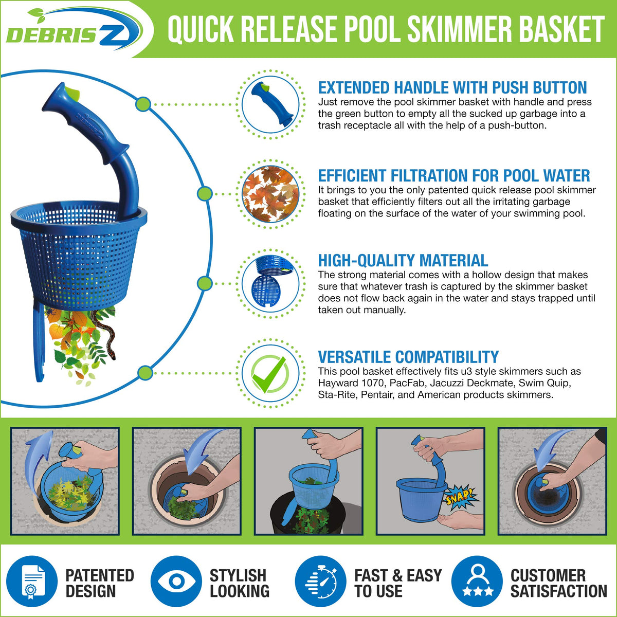 DebrisZ B9 skimmer basket quick-release for mess-free debris disposal.