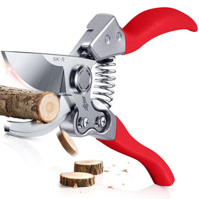 DECERK pruning shears blade close-up showing a titanium coated SK5 blade for durable sharp cuts