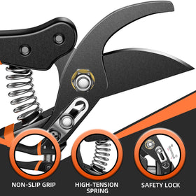 Decerk pruning shear safety lock enables one-handed operation and secure storage.