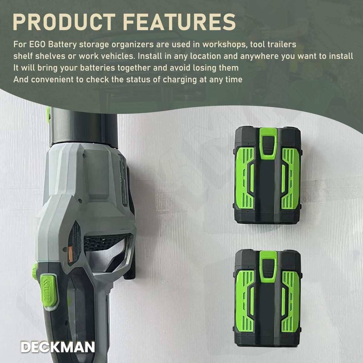 DECKMAN wall-mounted battery storage keeps batteries safe and easy to test.
