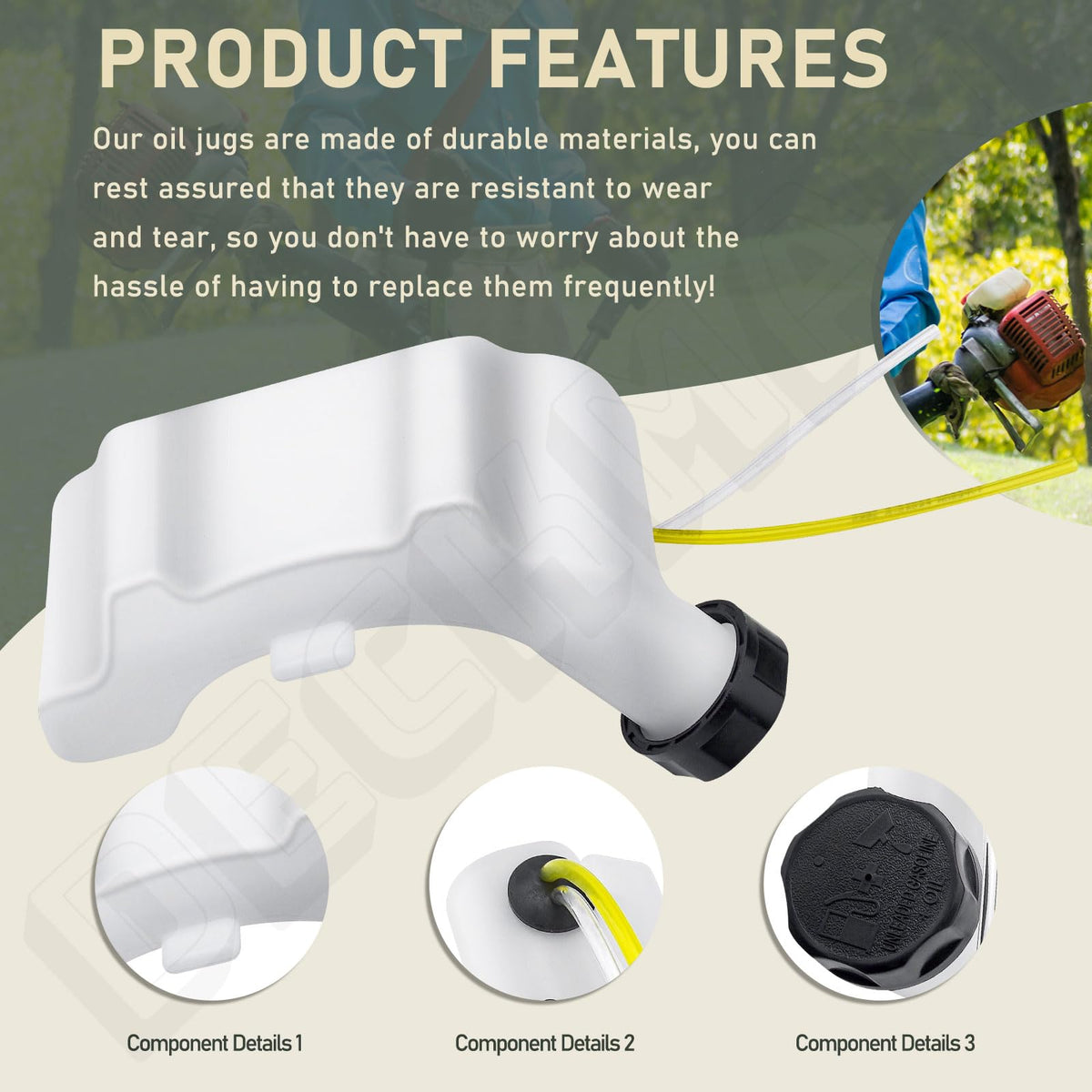Deckman fuel tank top label showing wide compatibility with MTD, Cub Cadet, and more