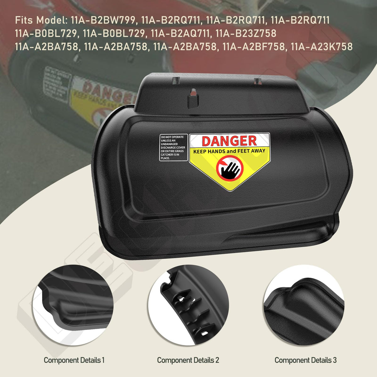 DECKMAN hinged mulching plug assembly highlighting durable construction for lawn care.