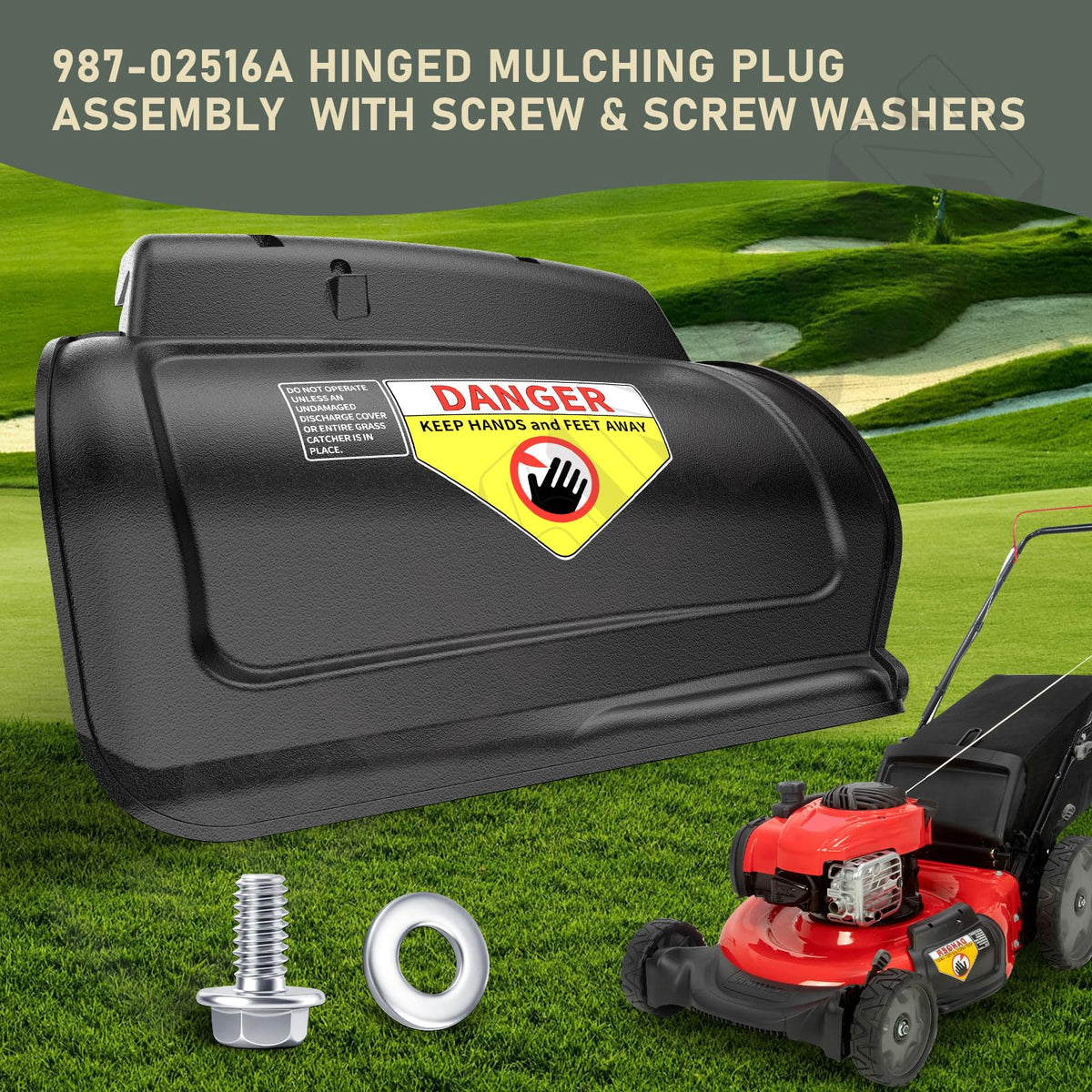 DECKMAN hinged mulching plug assembly with screws and washers included for quick install.