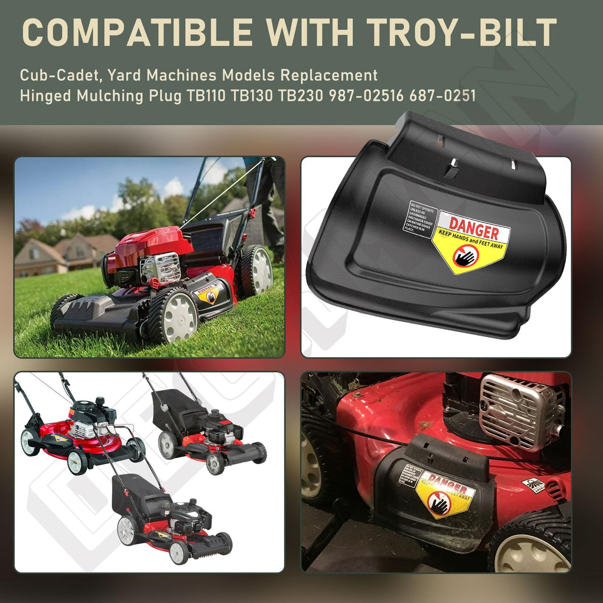 DECKMAN hinged mulching plug assembly for Troy-Bilt TB230 demonstrated for enhanced mulching.