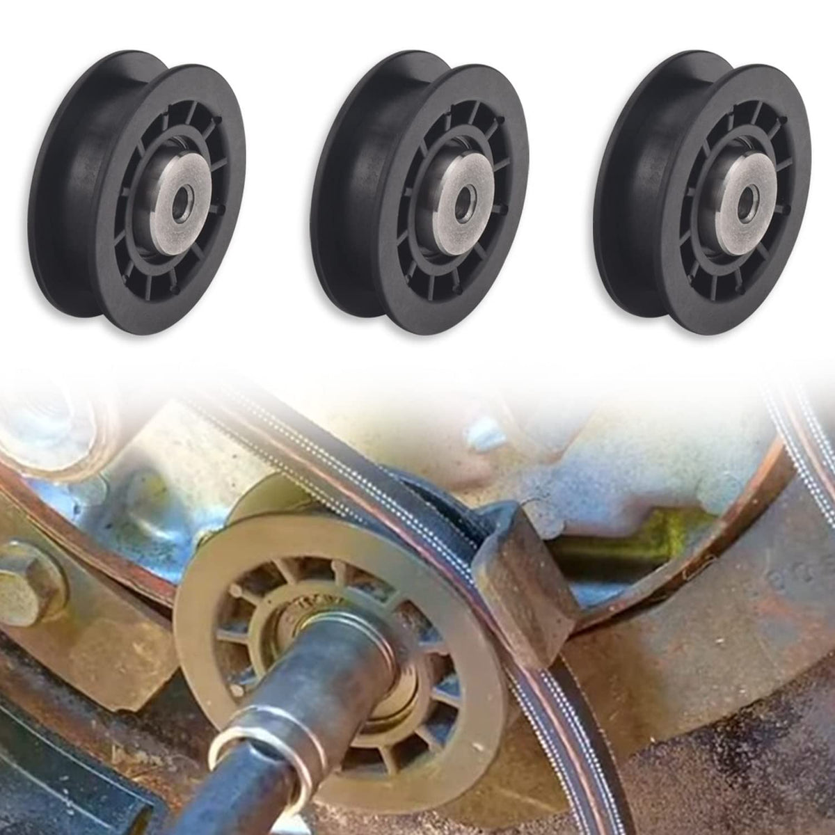 DECKMAN replacement kit label highlights three identical pulleys