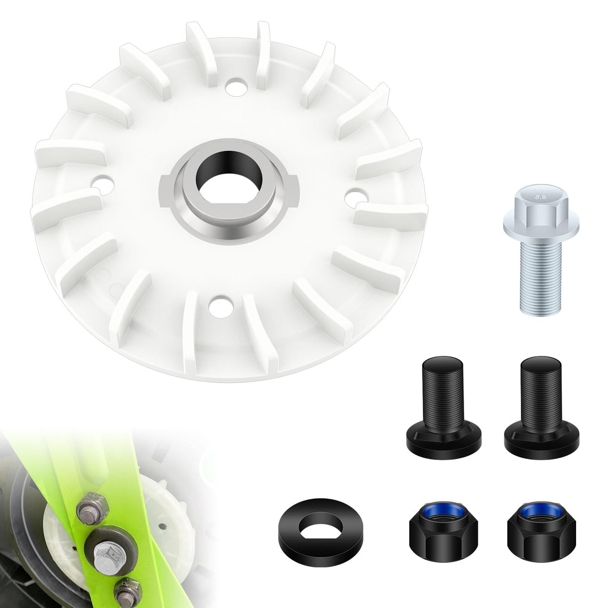 DECKMAN blade kit for EGO 21-inch mower shows part fan and fasteners for easier replacement