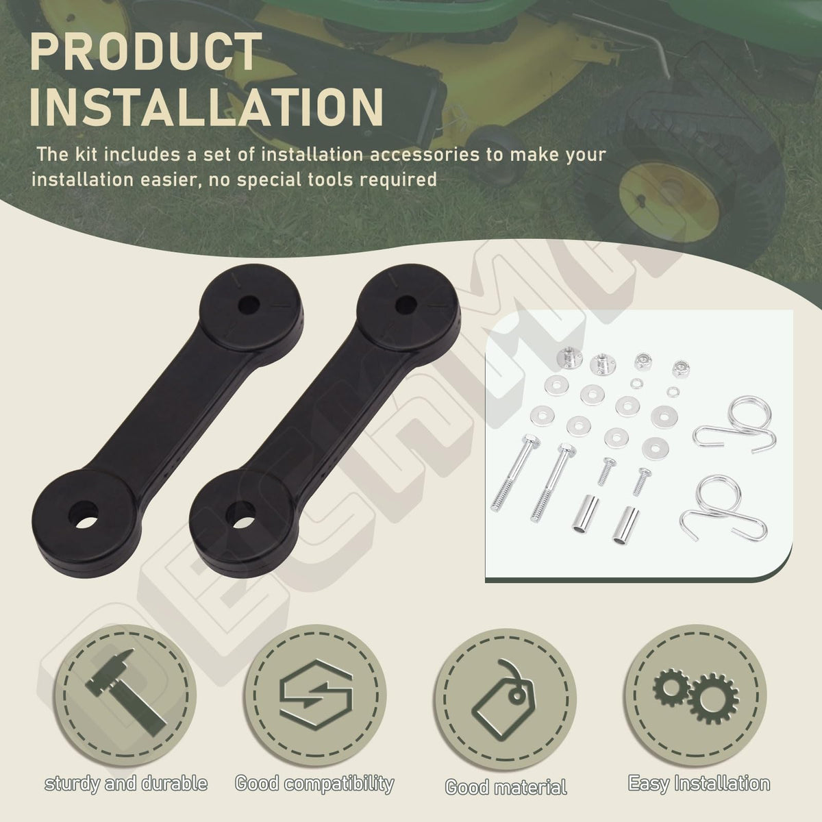 DECKMAN mulch cover kit packaging highlighting included mounting accessories for setup.