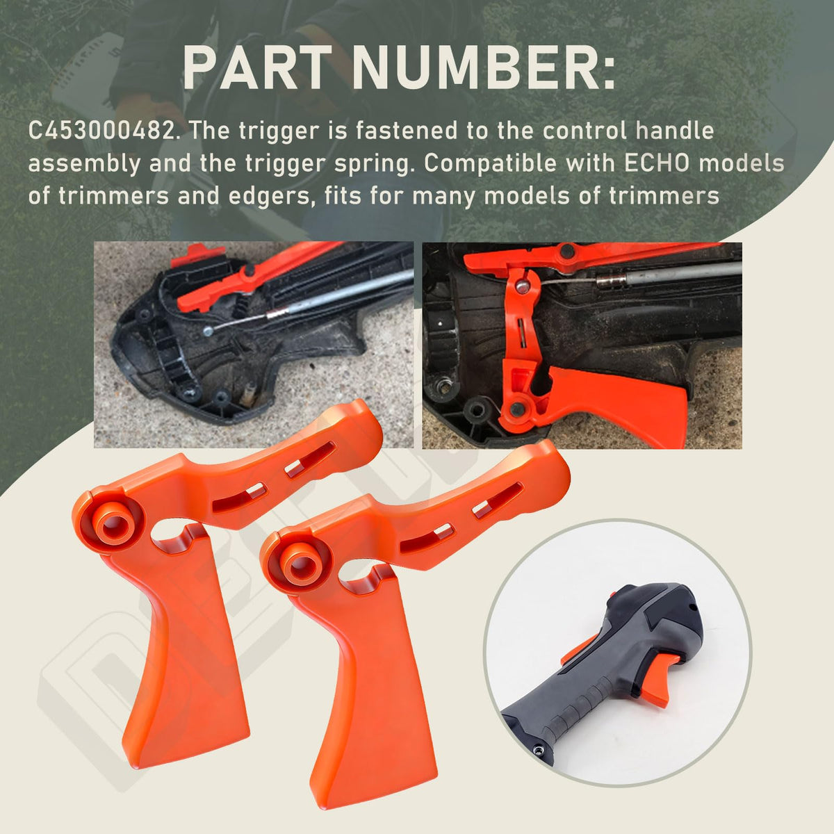 Closeup of DECKMAN throttle trigger showing sturdy plastic for long-lasting use.