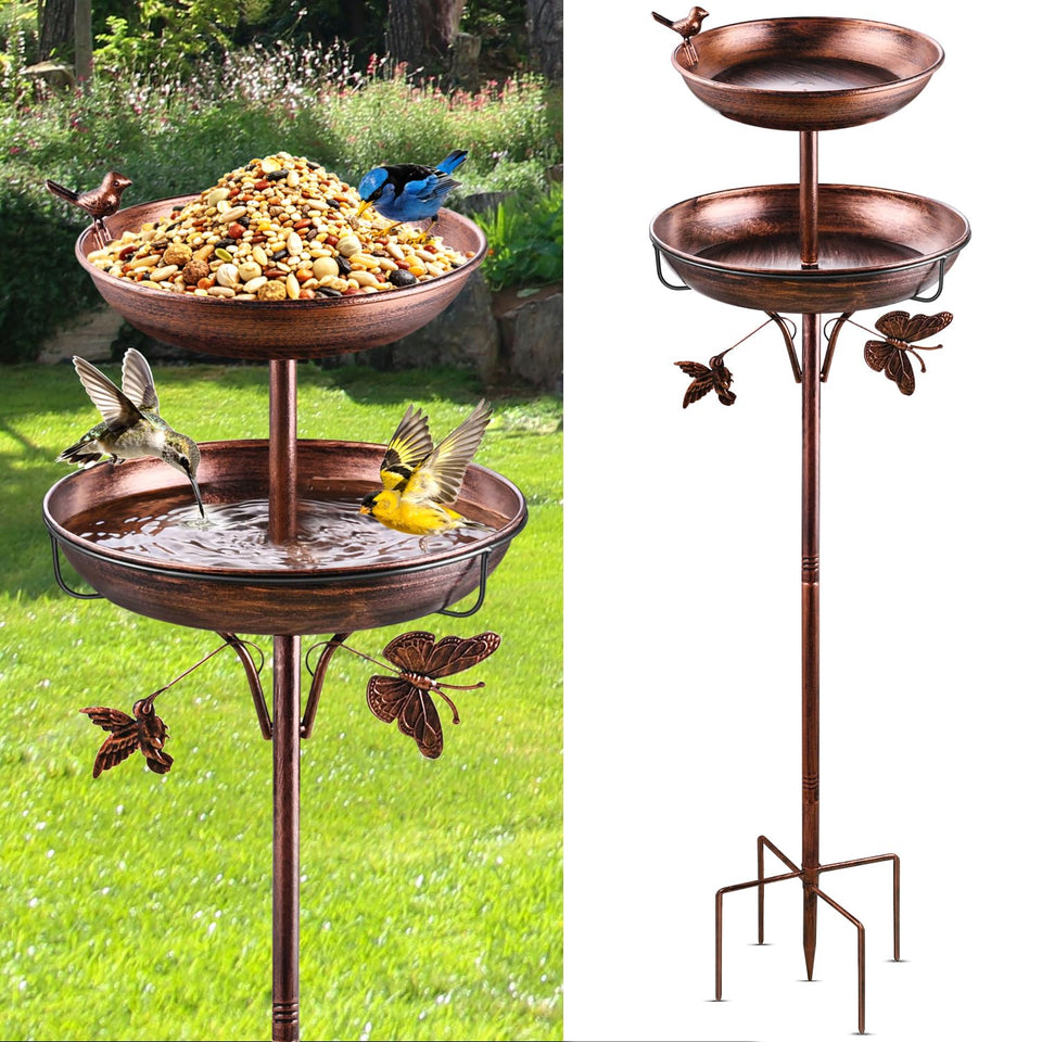 DECLUTTR 2-in-1 bird bath in antique-bronze attracts birds to water and snacks.