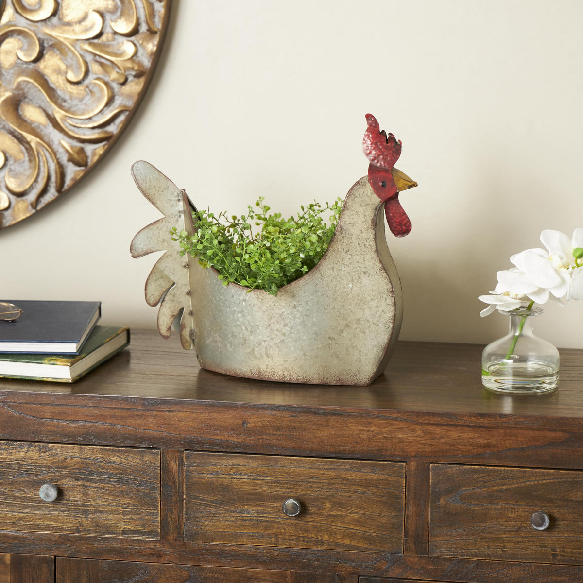 Deco 79 gray planter on patio adds rustic farmhouse appeal