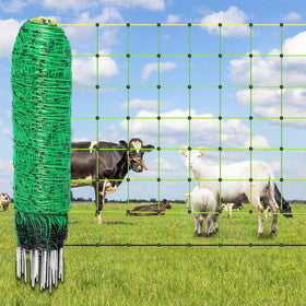 Decofy electric fence netting in yard showing 42.5-inch height and 164ft length for secure containment.