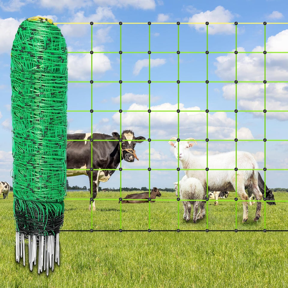 Decofy electric fence netting in yard showing 42.5-inch height and 164ft length for secure containment.