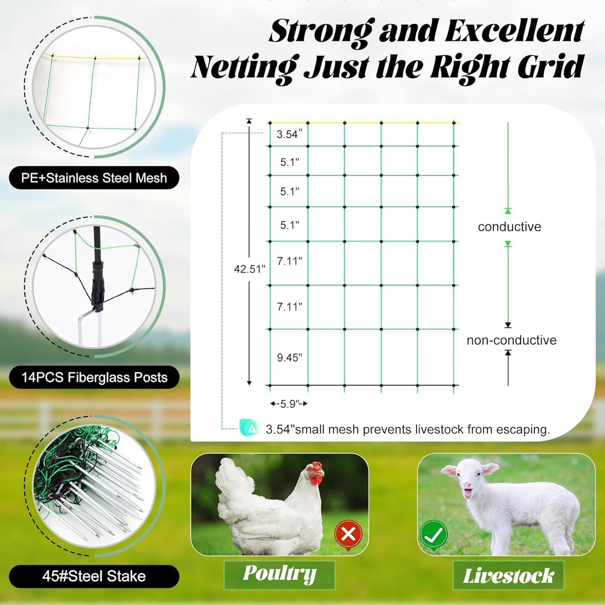 Decofy fence keeps sheep and goats safely contained in pastures.