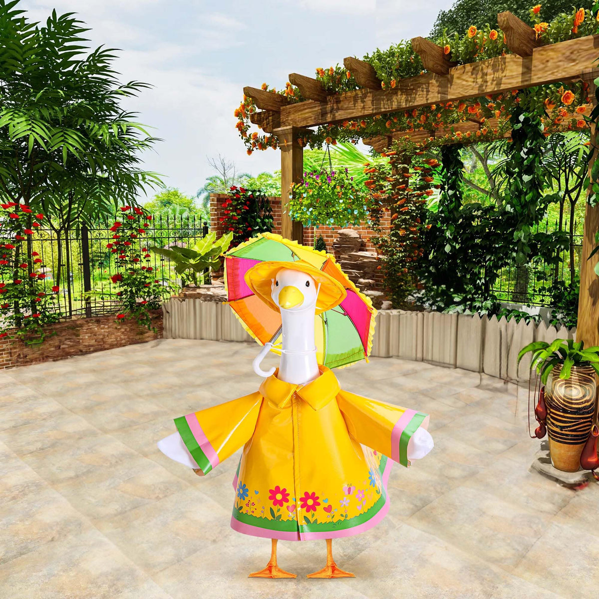 DECOHS 23in goose statue raincoat demonstrates weather-ready charm for outdoor displays.