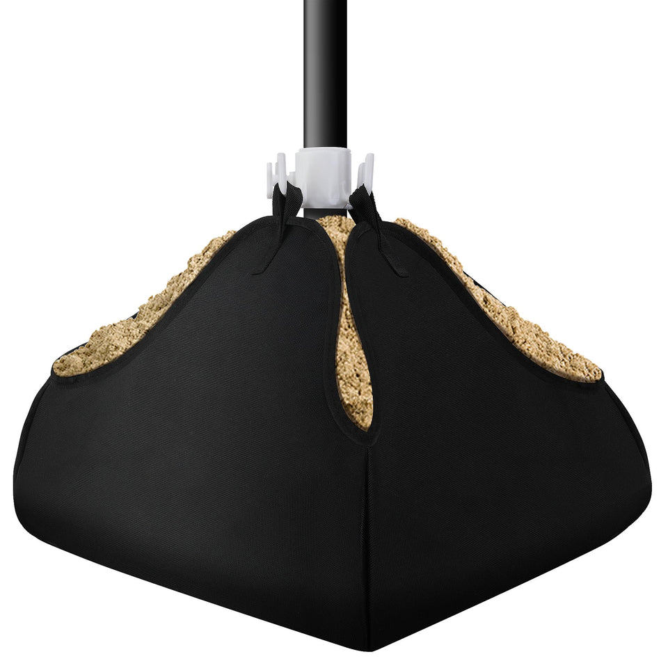DECOHS beach umbrella base weight showing a 15x16 inch footprint for stable outdoor shade