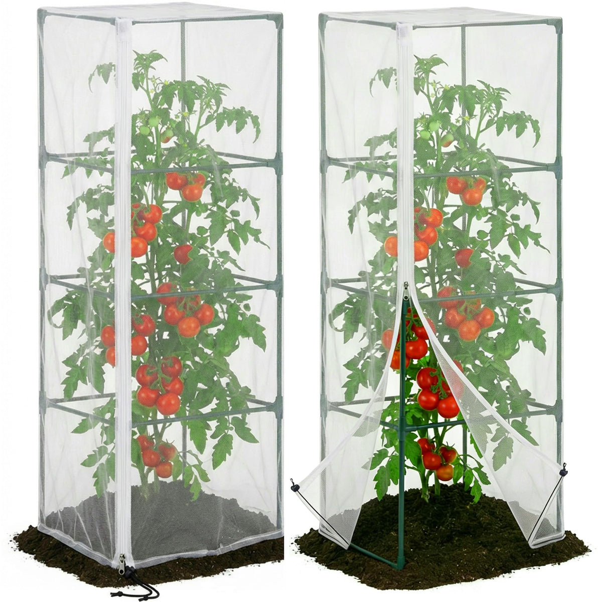 DECOHS garden netting over a square tomato cage protecting vegetables from birds and pests