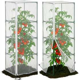 DECOHS garden netting over a square tomato cage protecting vegetables from birds and pests