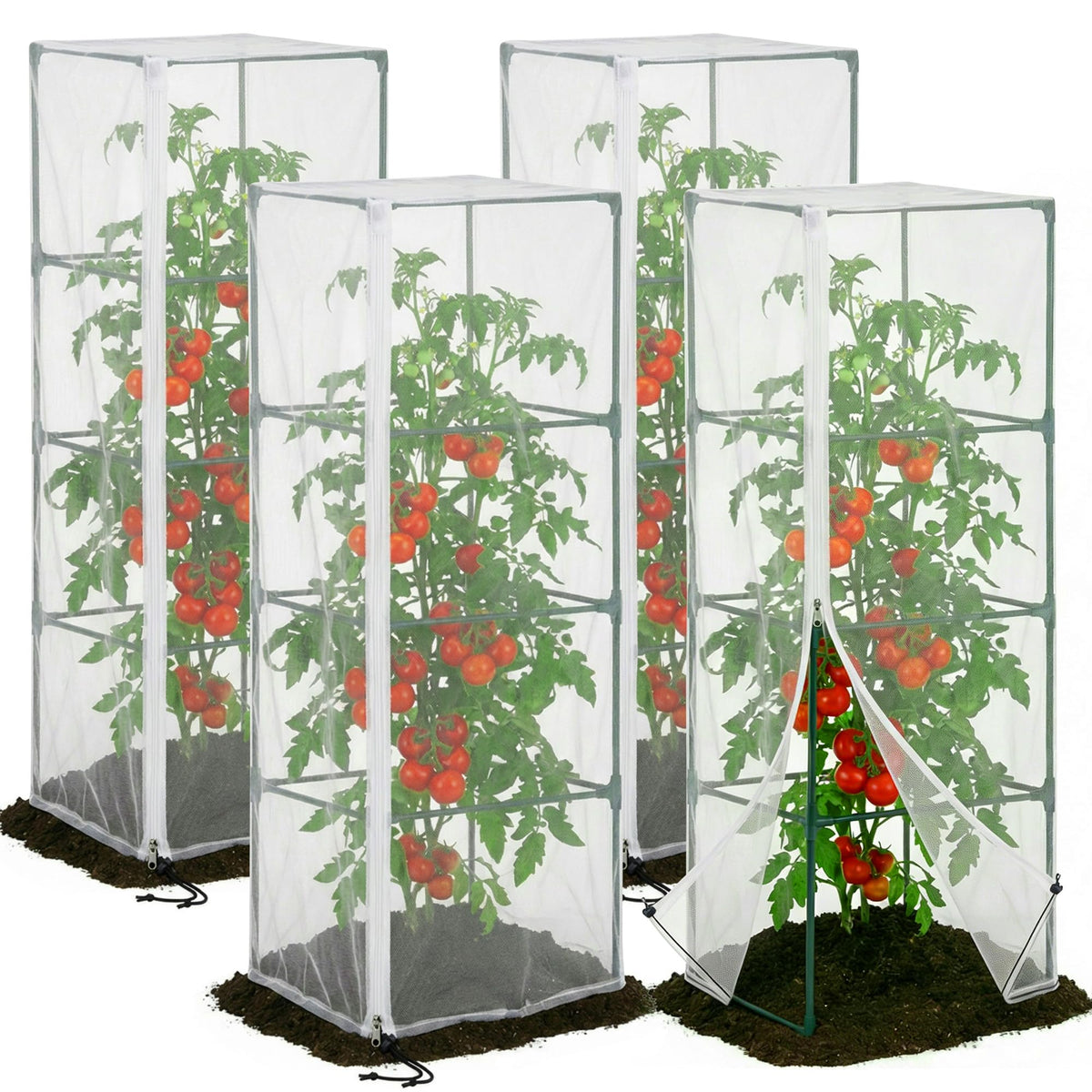 DECOHS garden netting over a square tomato cage protects from pests while allowing airflow.