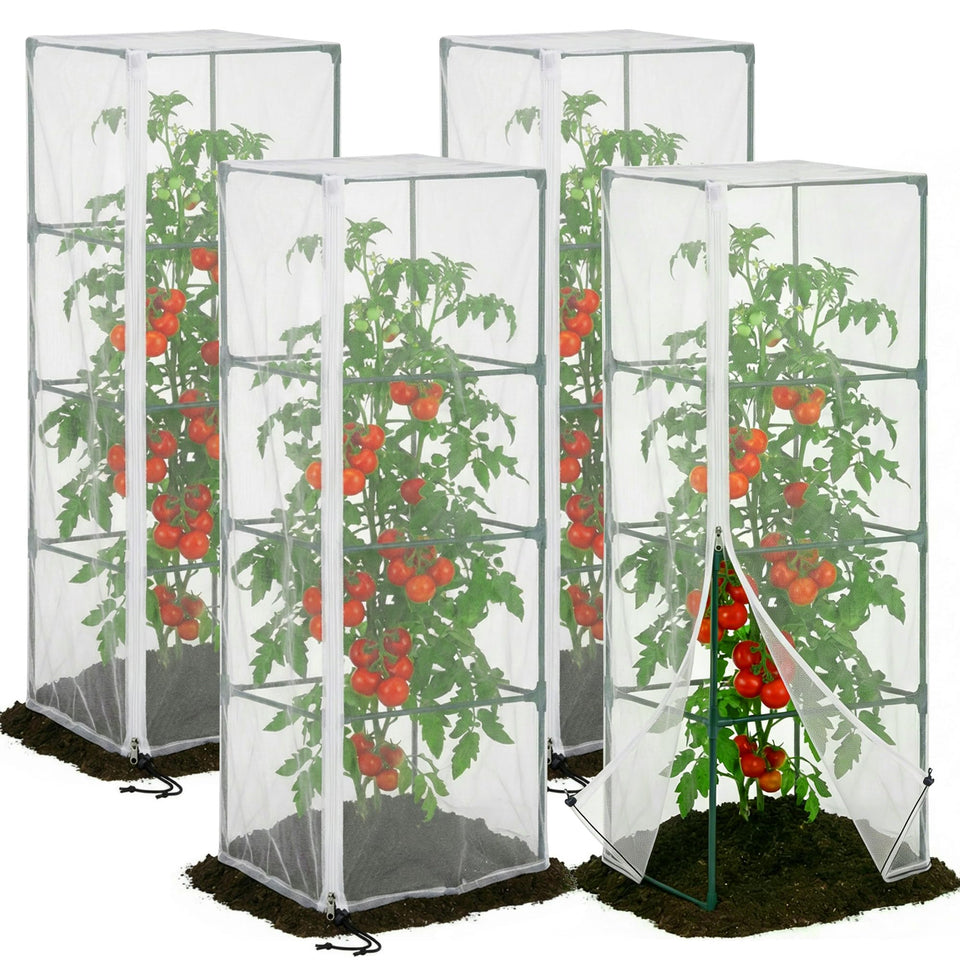 DECOHS garden netting over a square tomato cage protects from pests while allowing airflow.