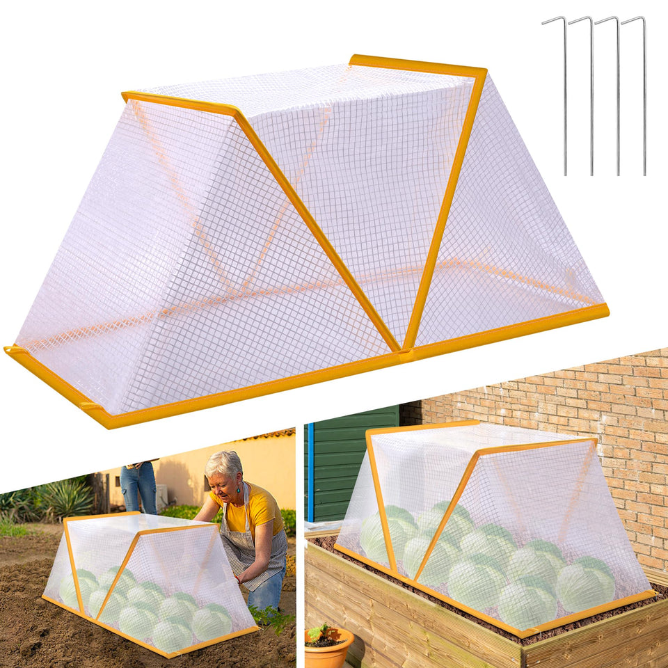 DECOHS Garden Row Accelerator cover unfolded over seedlings for quick setup.